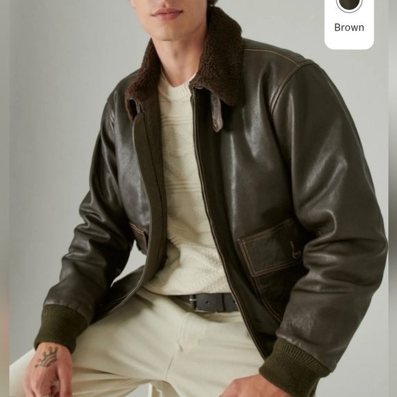Lucky Brand Brown Real Leather Jacket with Shearling Collar - Picture 1 of 7